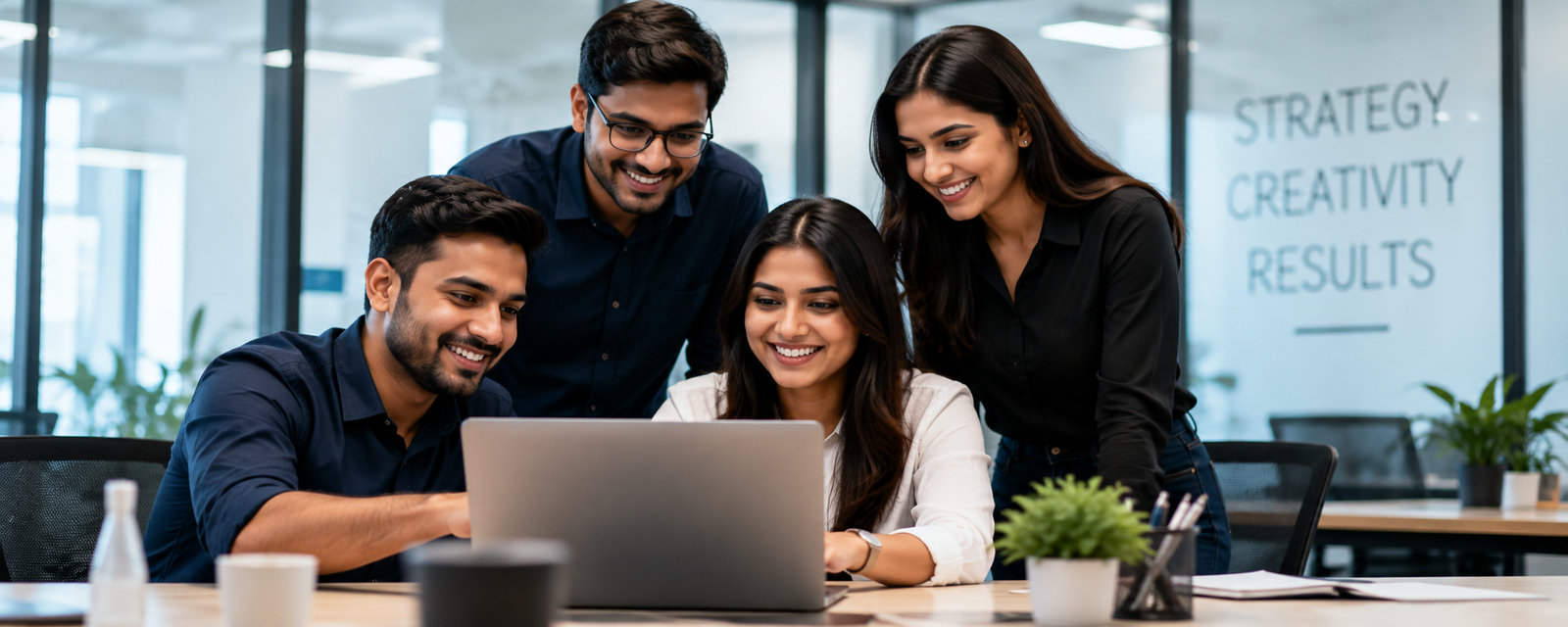 Four professionals collaborating around a laptop