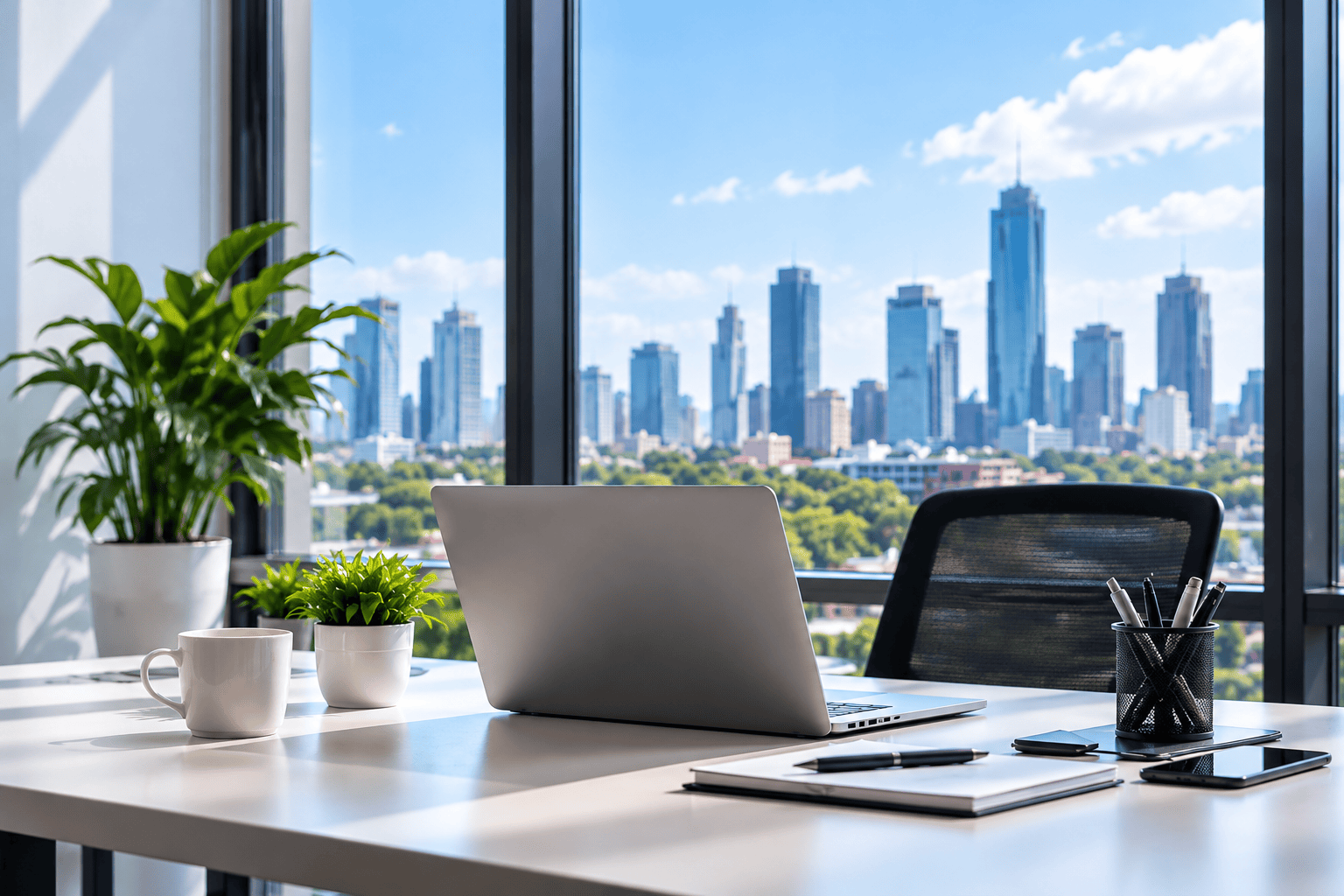 Modern office workspace with laptop and city view